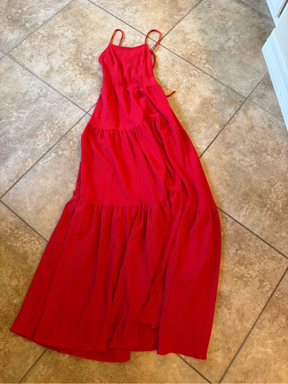 Bright Red Open Back Tiered Maxi Dress with Spaghetti Straps